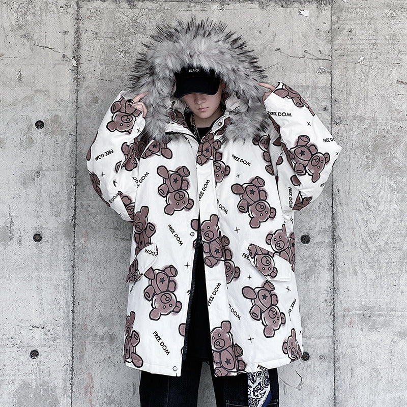 Plus Size Hip Hop Cotton Jacket with Bear Print Pi-Mart
