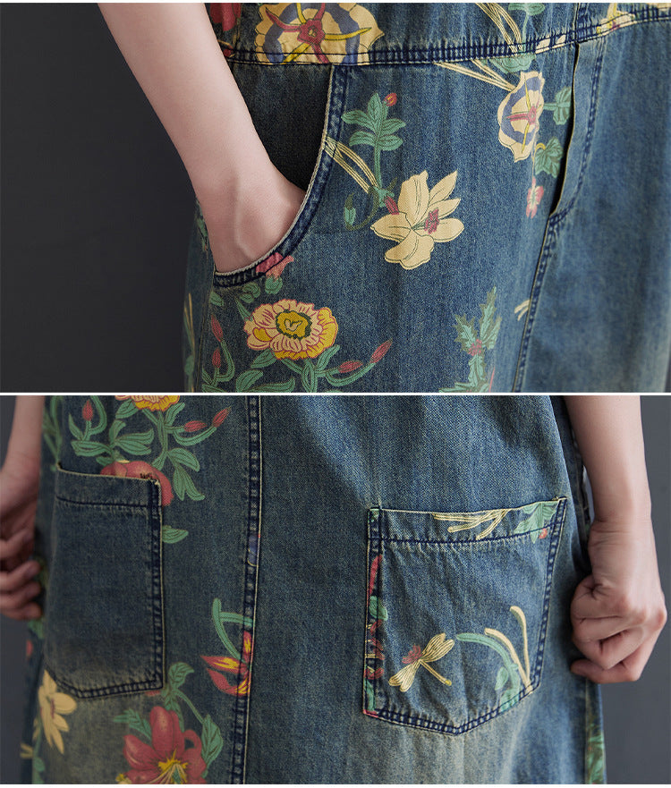 Women's Plus Size Retro Age-reducing Denim Print Suspender Skirt LadyShow.Store