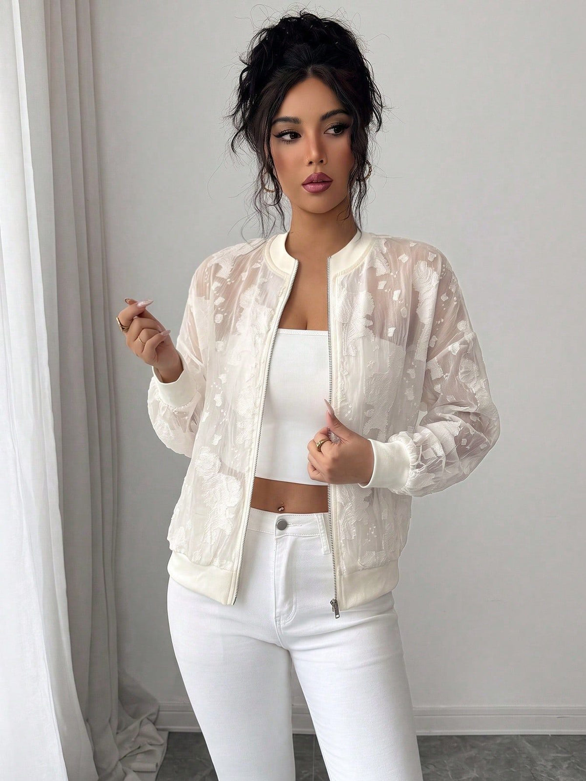 European And American Cross-border 2026 Autumn New Jacquard Jacket Semi-transparent Loose Zipper Rib Collar Cuff Jacket NorixaFashion.com