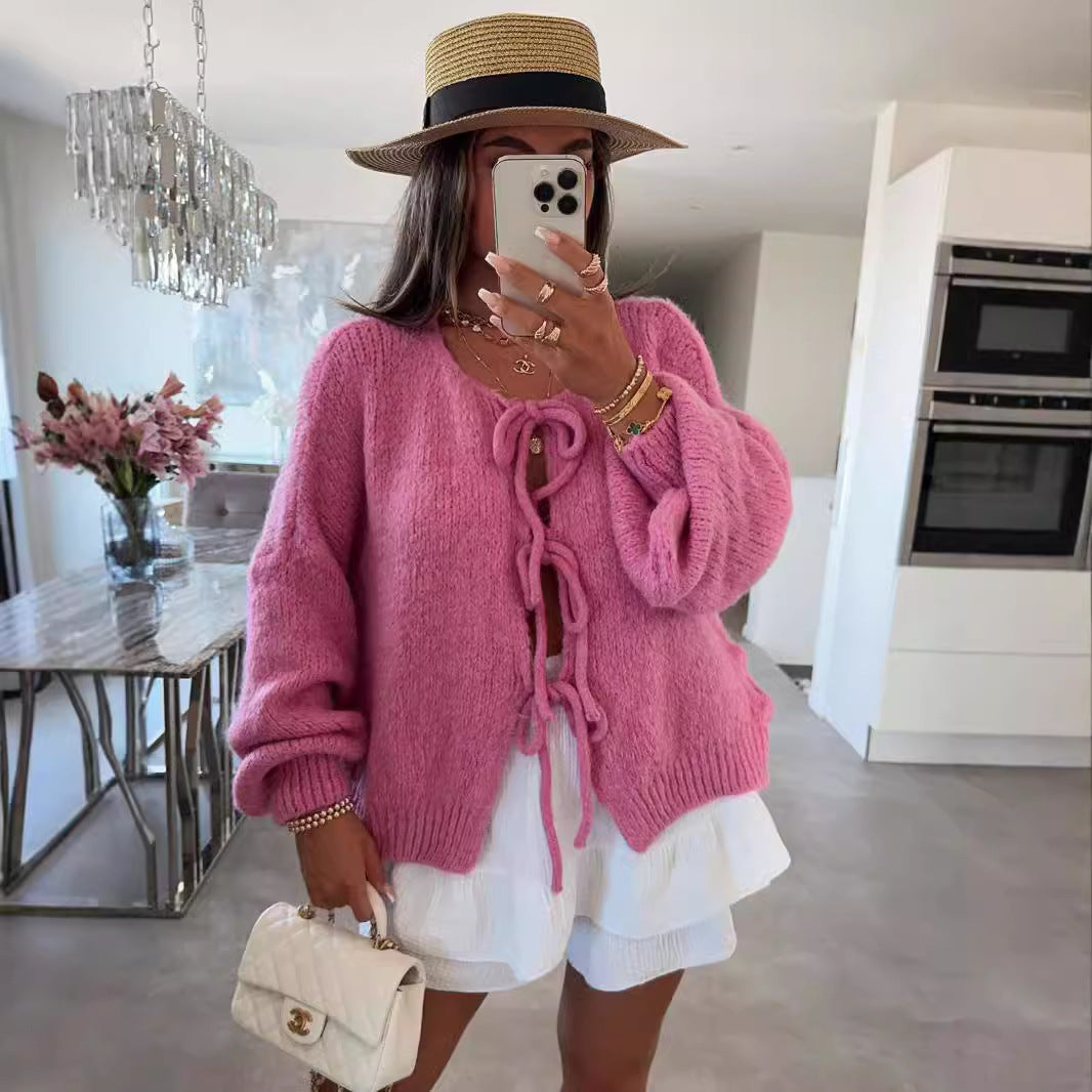 Casual Knitted Bow Lace Up Cardigan Women Solid O-neck Short Sleeve Hollow Out Sweater Female Autumn Lady Solid Streetwear NorixaFashion.com