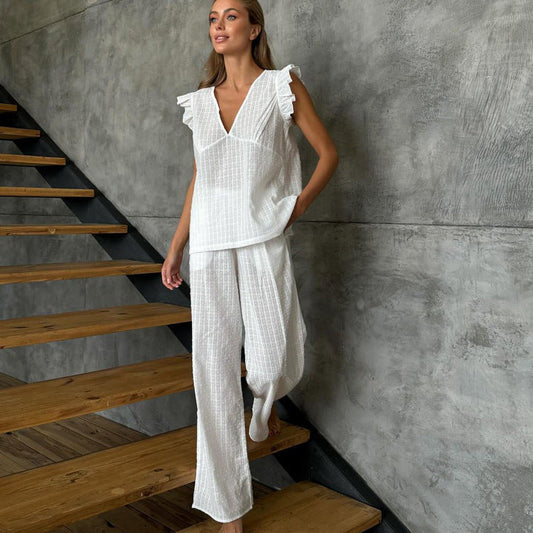 Cotton V-neck Flutter Sleeve Top And Trousers Loose Two-piece Casual Set NorixaFashion.com