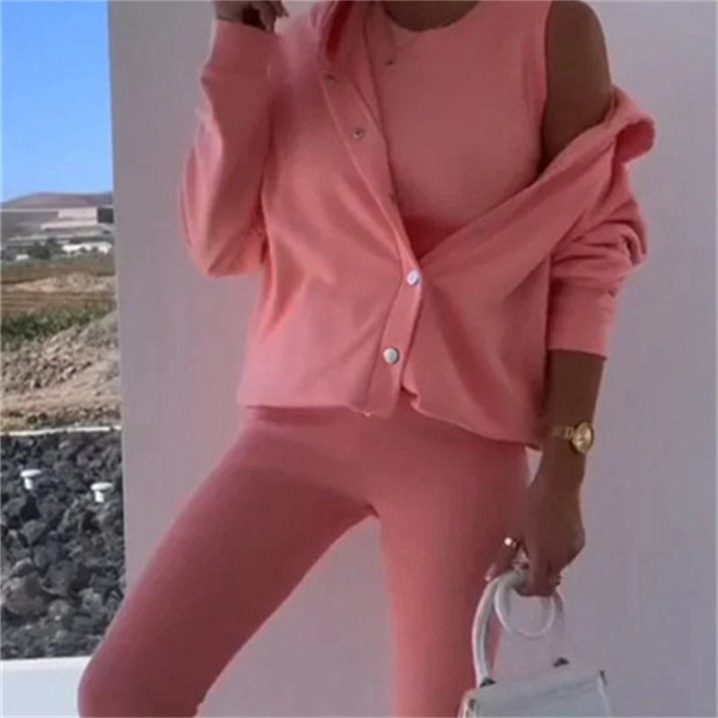 Women's Fashion Sports And Leisure Hooded Sweater Vest Pants Three-piece Set NorixaFashion.com