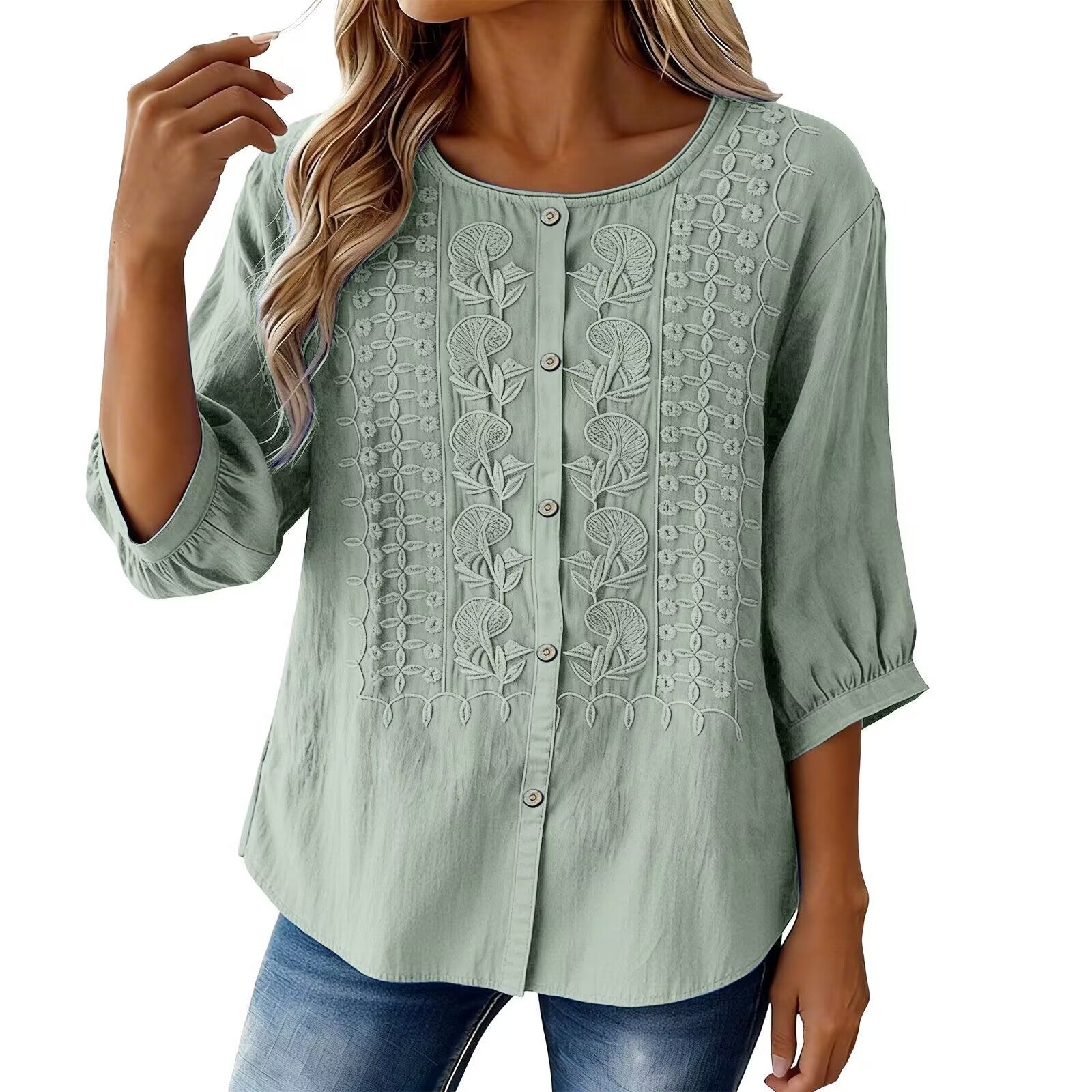 V-Neck Short Sleeve Cotton Linen Shirt, Heavy Embroidery Casual Blouse NorixaFashion.com