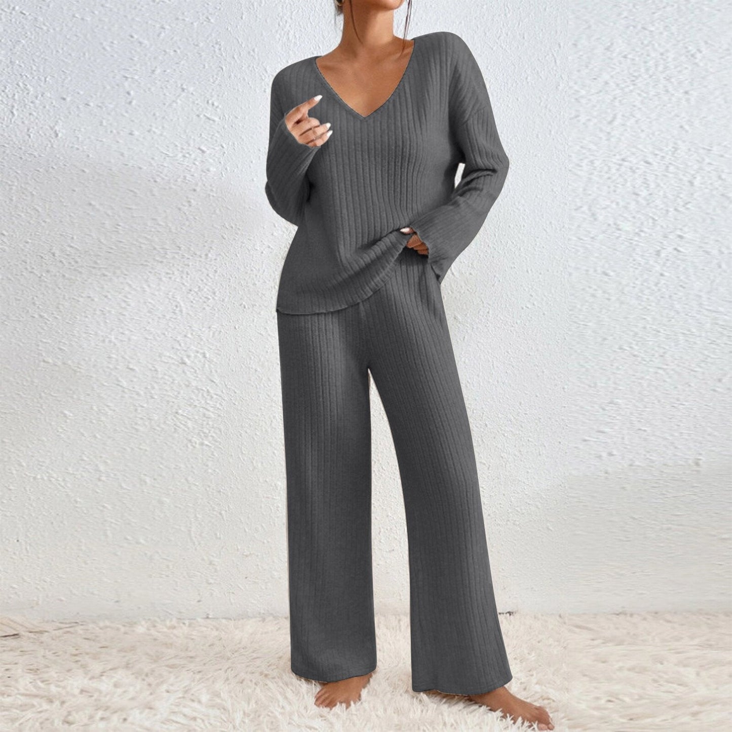 Long Sleeve V-neck Knitted Sunken Stripe Brushed Loose Leisure Suit LadyShow.Store
