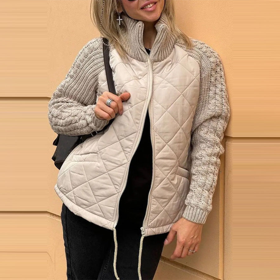 Winter Stand Collar Cotton Jacket With Pockets Fashion Knitted Stitching Zipper Coat Warm Tops For Women Clothing LadyShow.Store