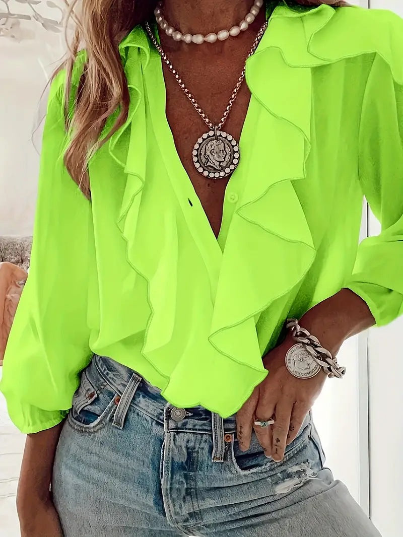 Ruffled-trim Shirt V-neck Long-sleeve Top Daily Commute Women's Clothing NorixaFashion.com