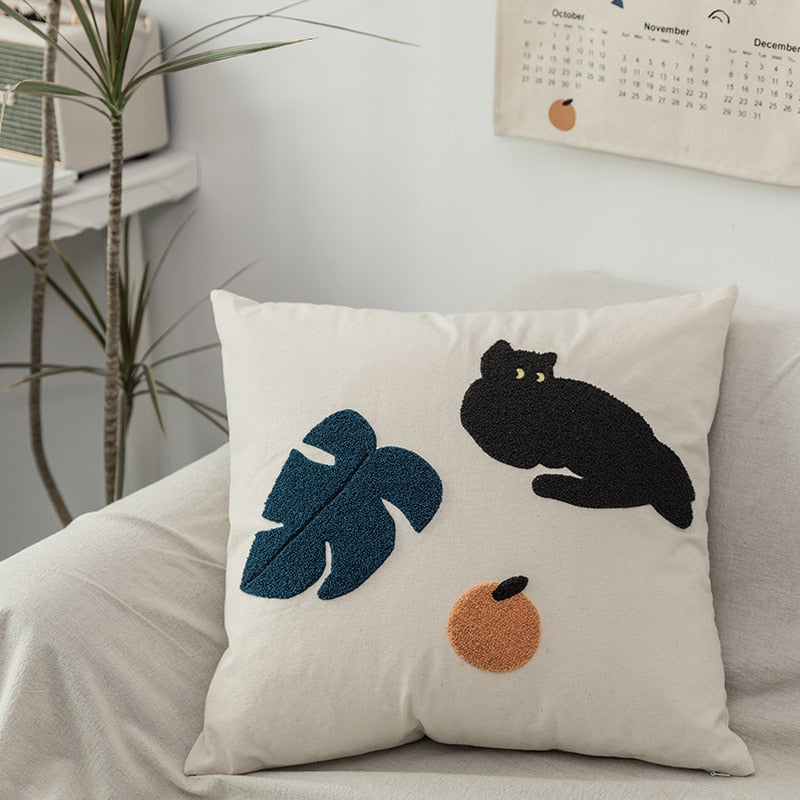 Cheeky Cat & Monstera Leaf Embroidered Cushion Cover Pi-Mart
