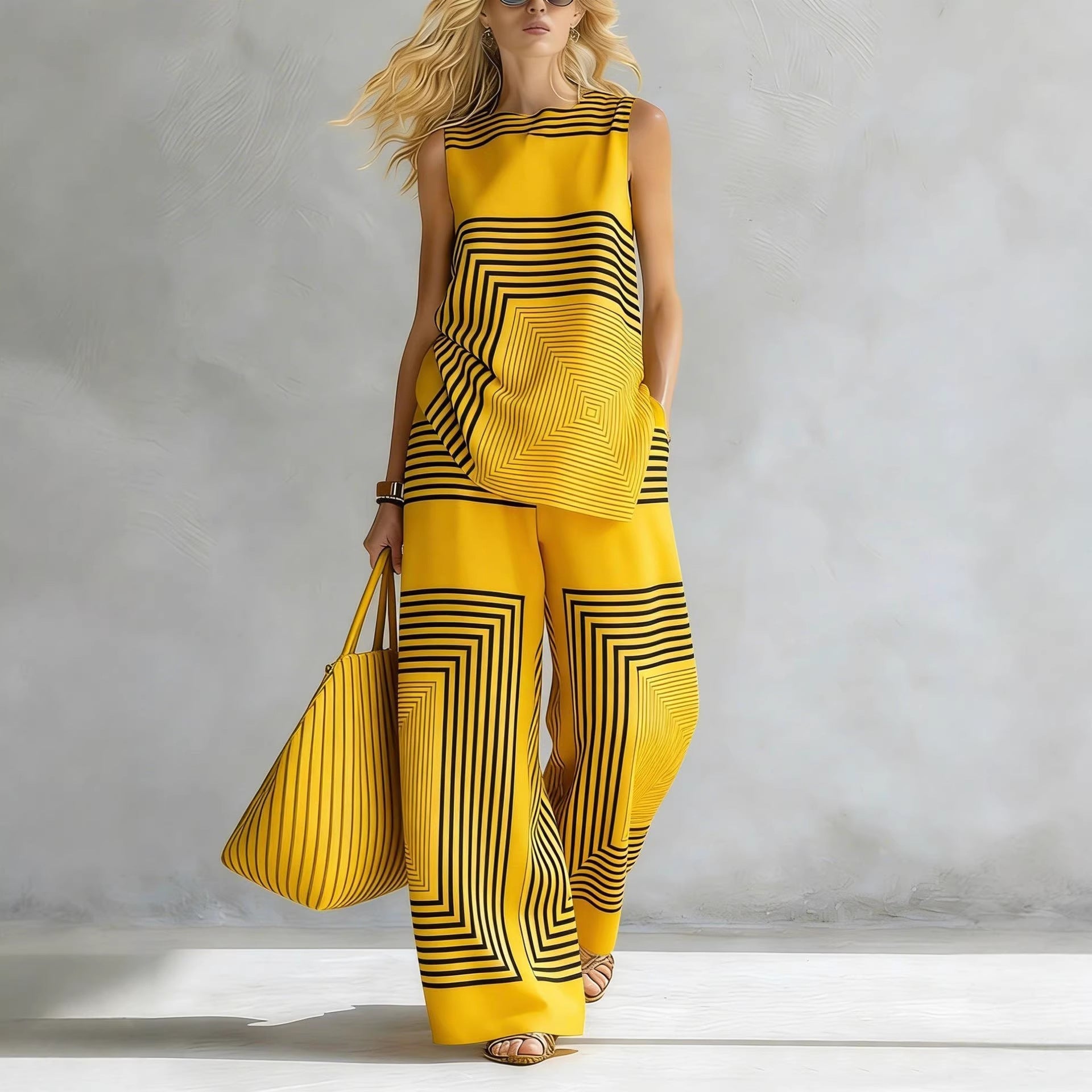 Lightweight Geometric Striped Sleeveless Top And Wide-leg Pants NorixaFashion.com