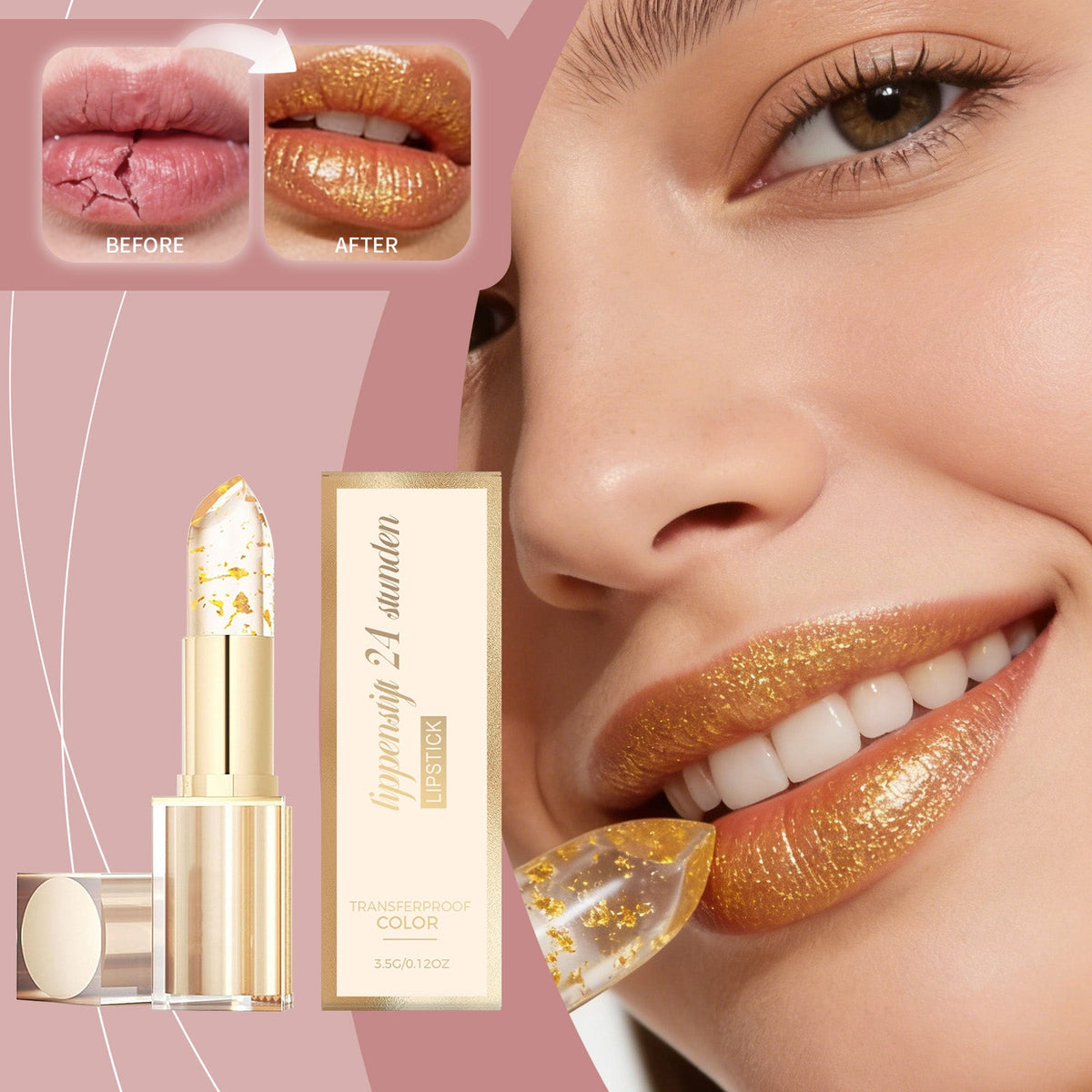 Daily Care Lip Skin Is Smooth, Pink, Thin, Non Greasy, Non Stick Cup Lipstick, Gold Foil Color Change Nourishing Lipstick 3.5g, 1 Box Tri Light Beauty