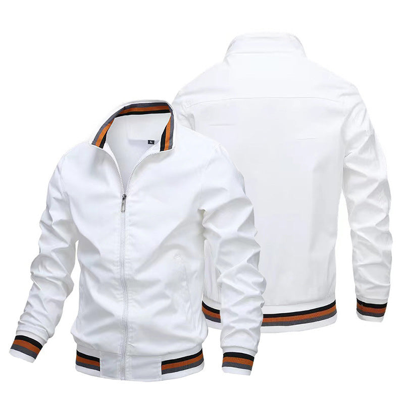 2026 New Men Striped Rib Stand Collar Bomber Jacket Solid Black Zip Up Lightweight Windbreaker Striped Cuff Hem Casual Baseball Coat Outdoor Daily Streetwear Outerwear NorixaFashion.com