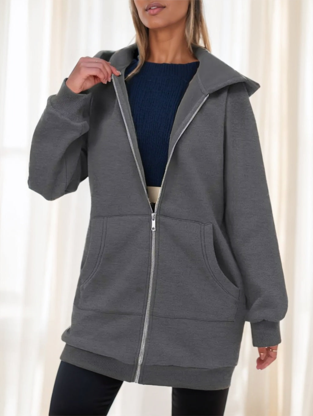 Women's Casual Long Hoodie With Zipper NorixaFashion.com
