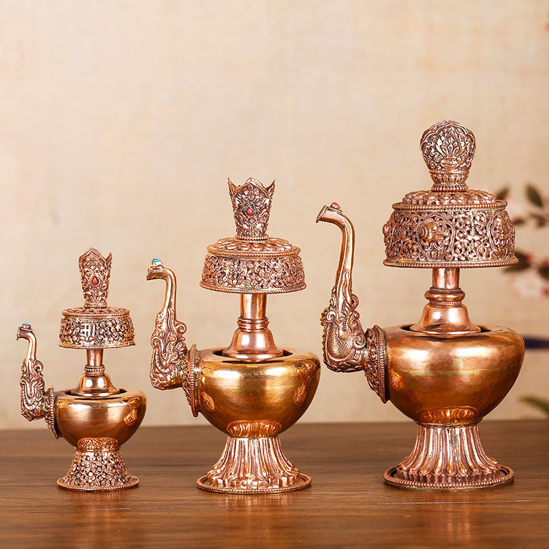 Nepalese Red Bronze Carved Benba Pot Net Kettle PearlNestDecor.com