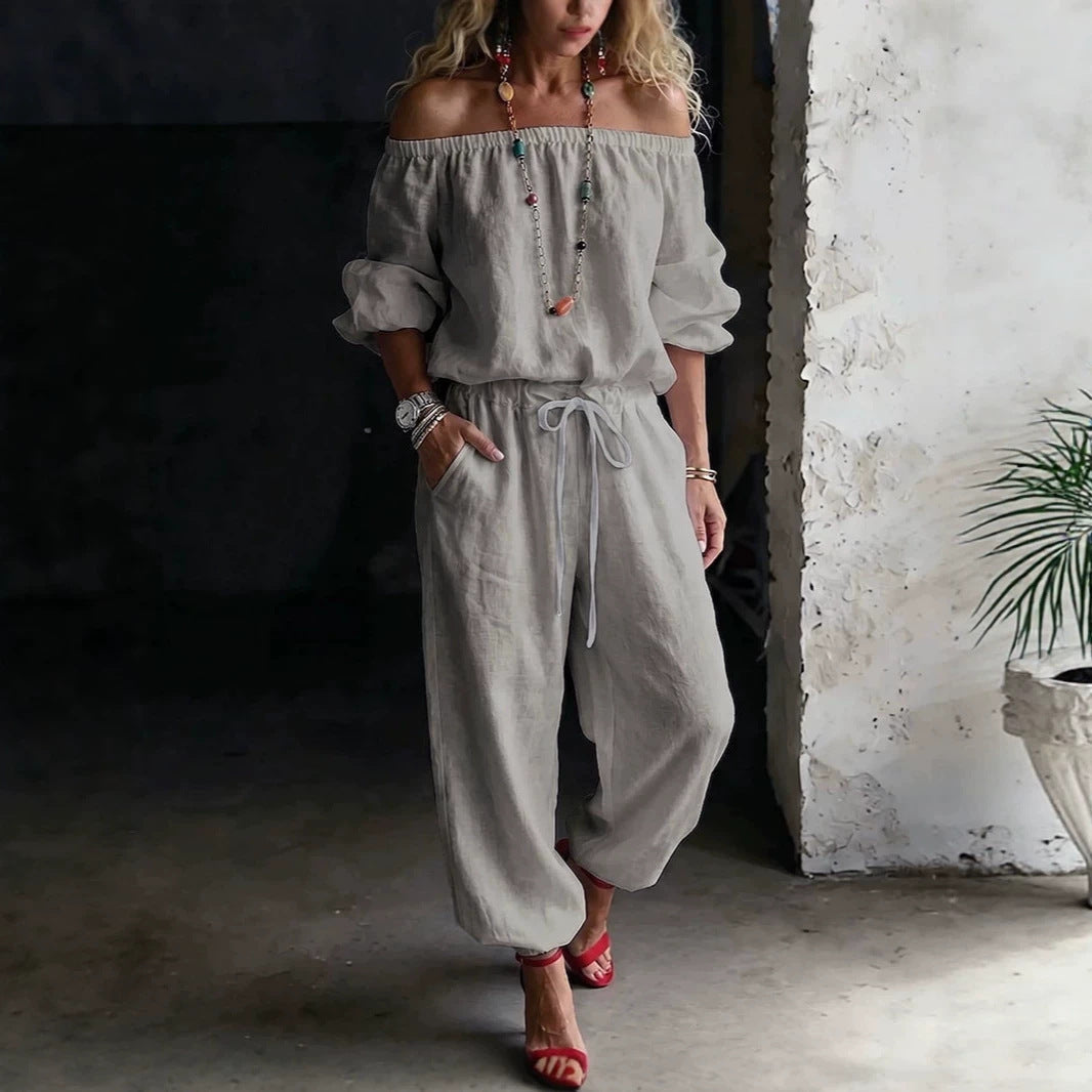 One-shoulder Top And Casual Drawstring Jogger Pants Jumpsuit Set NorixaFashion.com