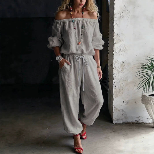 One-shoulder Top And Casual Drawstring Jogger Pants Jumpsuit Set NorixaFashion.com