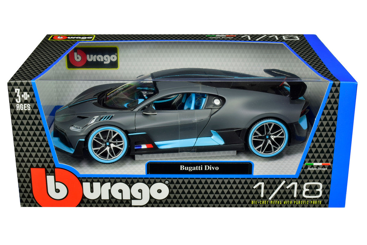 Bugatti Divo Matt Gray with Blue Accents 1/18 Diecast Model Car by Bburago LuxuryLifeWay Online Store