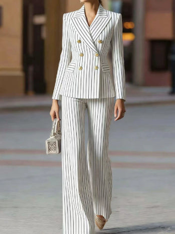 Womens Fashionable Minimalist-Line Double-Breasted Blazer Suit NorixaFashion.com