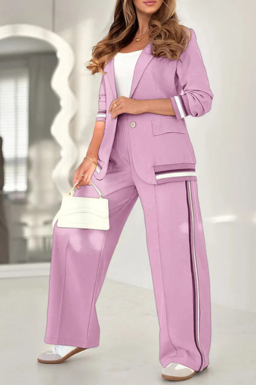 2 Pcs Set Women Suit Coat Pants Suit Lapel Long Sleeves Lady Jacket Wide Leg High Waist Trousers Female Commuting Office Outfit NorixaFashion.com
