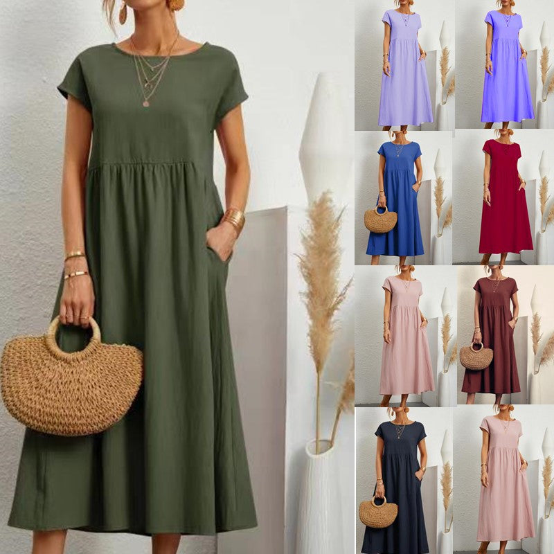 2026 New European And American Women's Round Neck Solid Color Pullover Comfortable Casual Dress NorixaFashion.com
