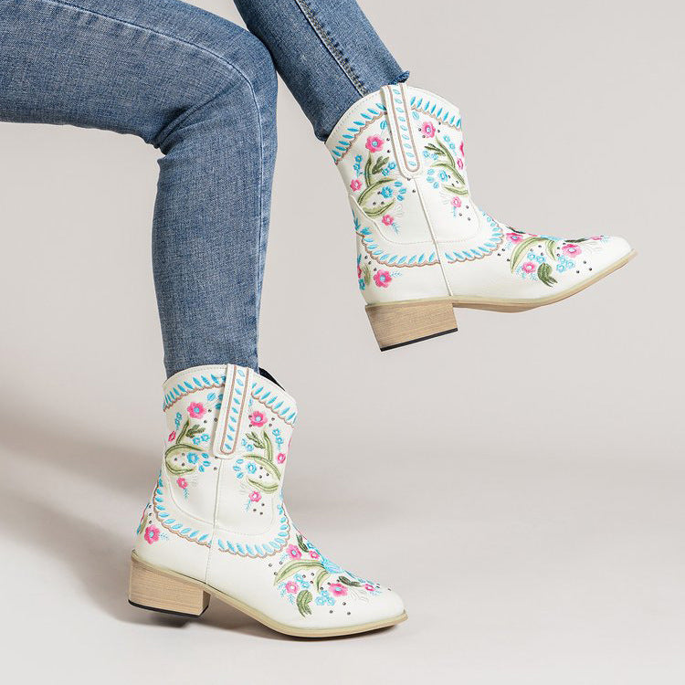 Ethnic Style Female Embroidered Flowers European And American Mid-tube Western Boots LadyShow.Store