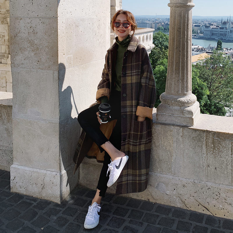 Women's Autumn And Winter Loose Thick Plaid Woolen Coat Best YouTube Store