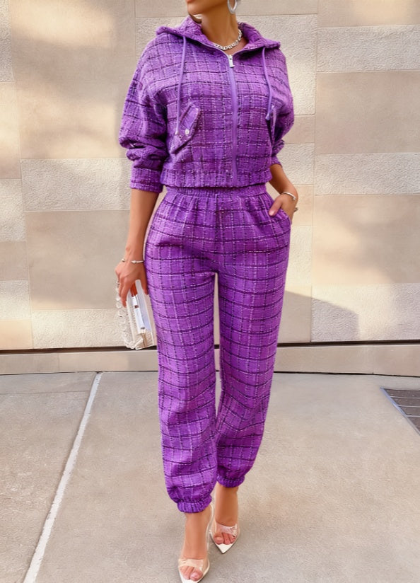 2026 Women's Chanel-style Plaid Hooded Set - High Street Tweed Zip-up Sweatshirt NorixaFashion.com
