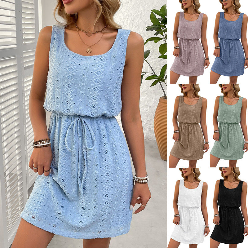 2026 New European And American Women's Square Neck Spring Summer Hollow Texture Drawstring Sleeveless Dress NorixaFashion.com