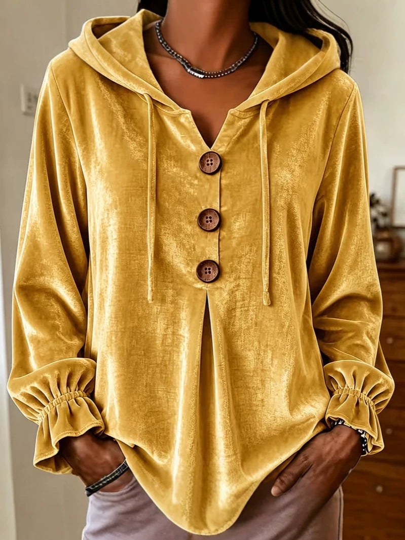 Annuo  2026 Women Casual Button Drawstring Hoodie, European American Style Long Sleeve Top NorixaFashion.com