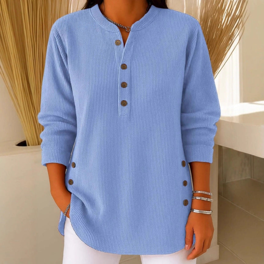 V-neck Buttons Sweater Fashion Casual Solid Color Long-sleeved Tops Women's Blouse T-shirt Clothing NorixaFashion.com