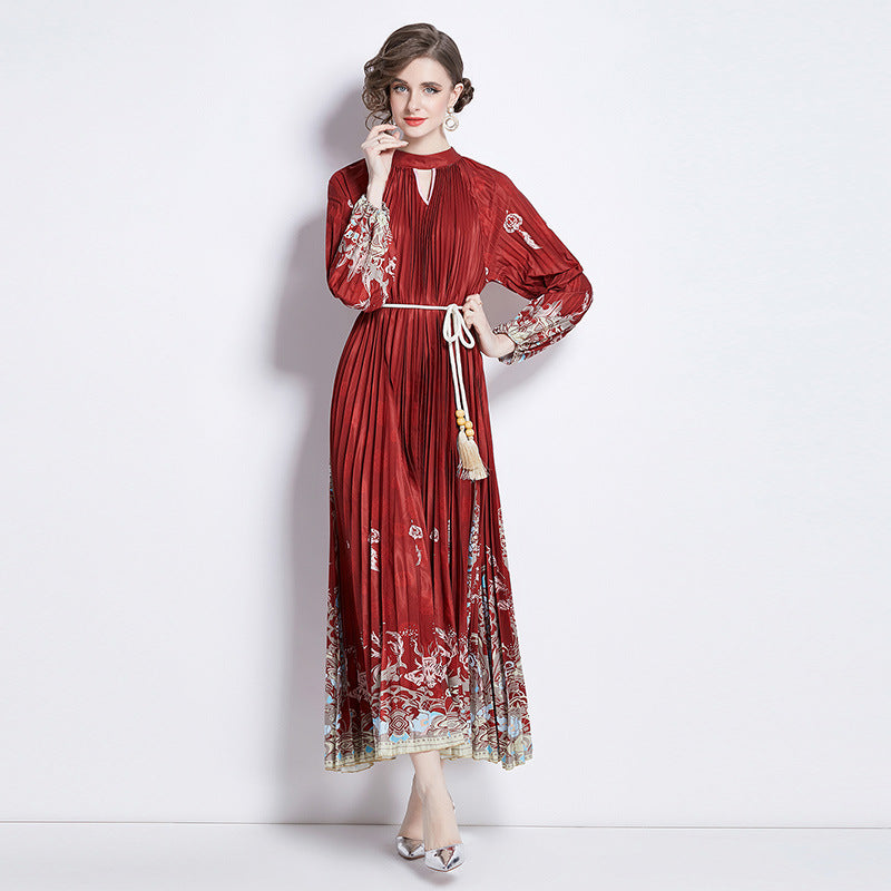 Pleated Tassel Belt Dress Women NorixaFashion.com