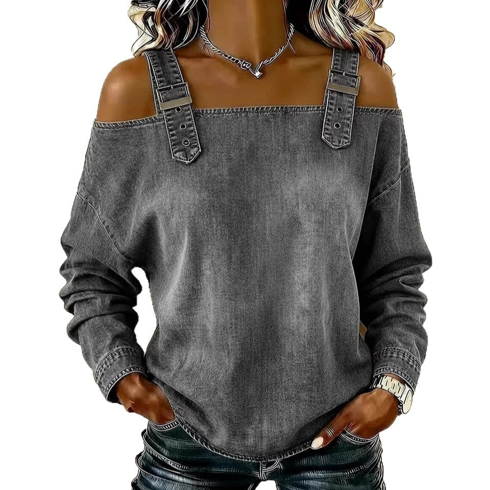 Halter-neck Off-shoulder Long-sleeve Top NorixaFashion.com