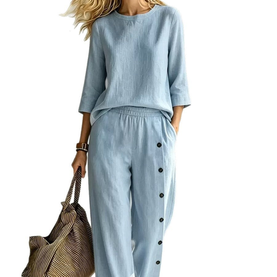 2026 European And American Women's Fashionable Solid Color Buckle Design Casual Loose Two-piece Set NorixaFashion.com