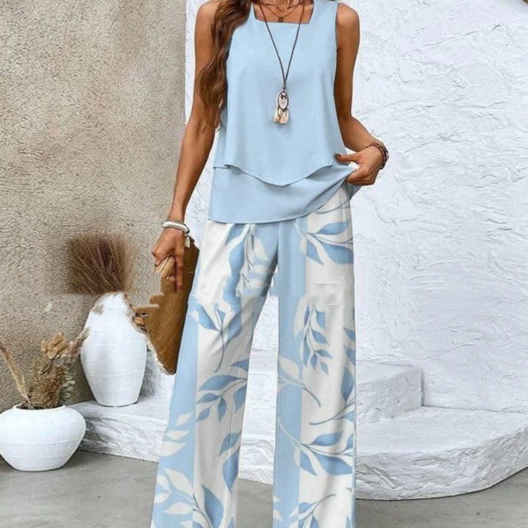 Print Suits Sleeveless Double-layer Vest And Loose Straight Pants Womens Clothing NorixaFashion.com