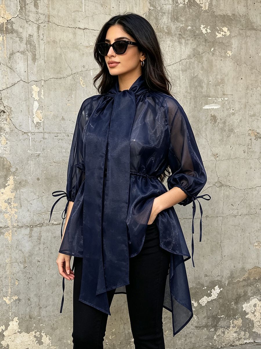 Navy Organza Bow Neck Drawstring Waist Sheer Long Sleeve Blouse NorixaFashion.com