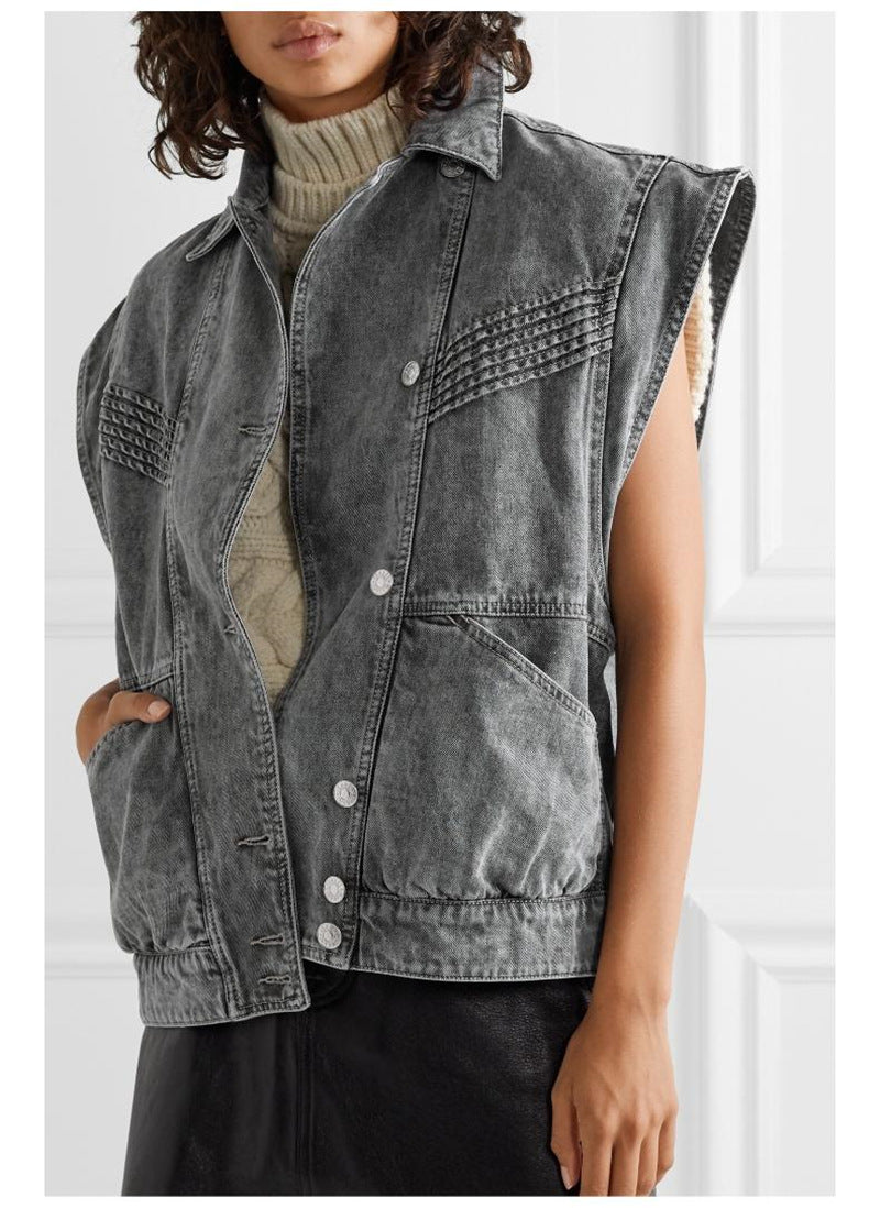French Design Women's Denim Jacket with Detachable Sleeves Pi-Mart