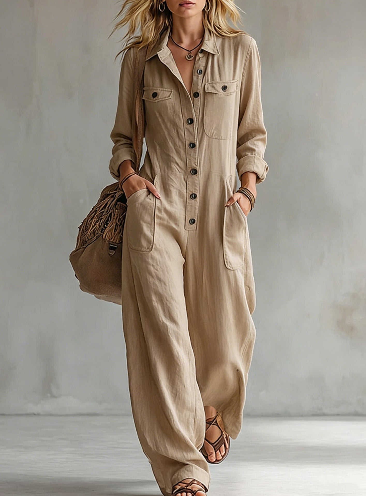 Womens Workwear Linen Casual Jumpsuit NorixaFashion.com