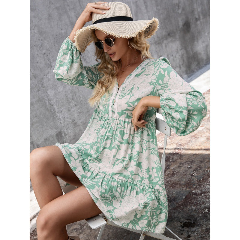 Loose Casual Floral Lace Stitching Sleeves Long Sleeve V-neck Printing LadyShow.Store