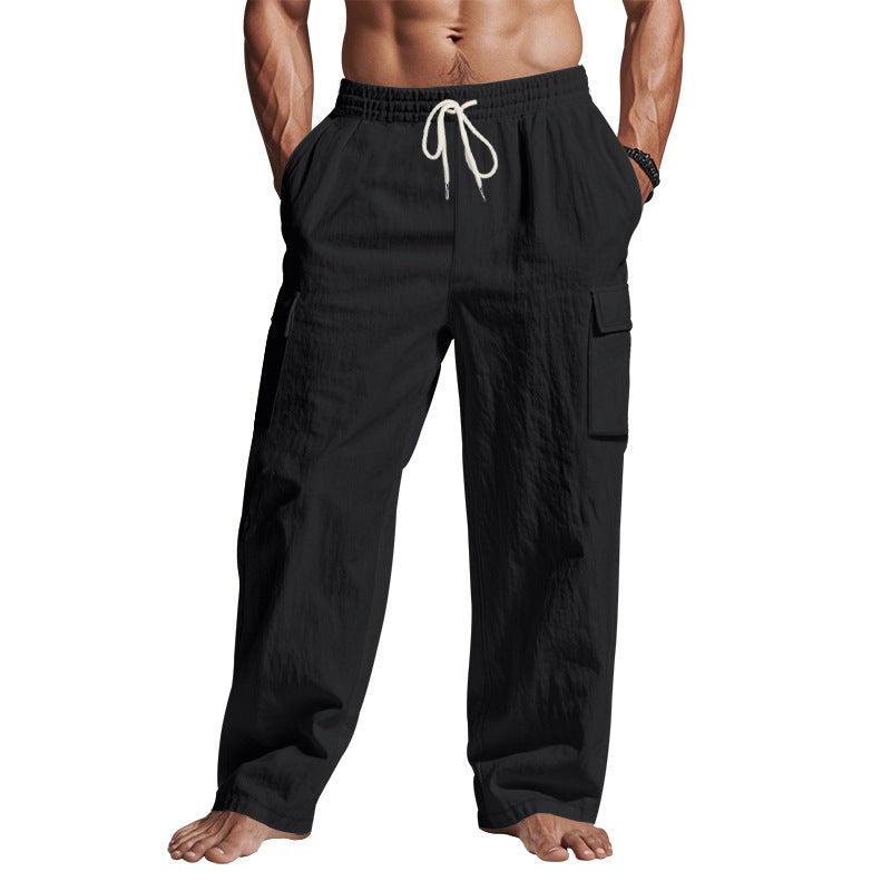 Men's Workwear Multi-pocket Straight Linen Pants Linen Four Seasons Thin Breathable Cargo Pants, Multi-pocket Loose Casual Trendy Wide-leg Pants NorixaFashion.com