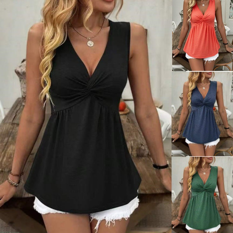 Sleeveless V-neck Design With A Twisted Ruched Waist-cinching Detail On The Back NorixaFashion.com