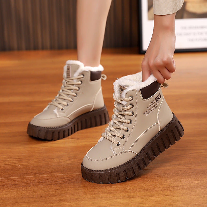 Ins Lace-up Snow Boots Winter Warm Fleece Flat Shoes For Women Fashion Casual Plush Ankle Boot CJD