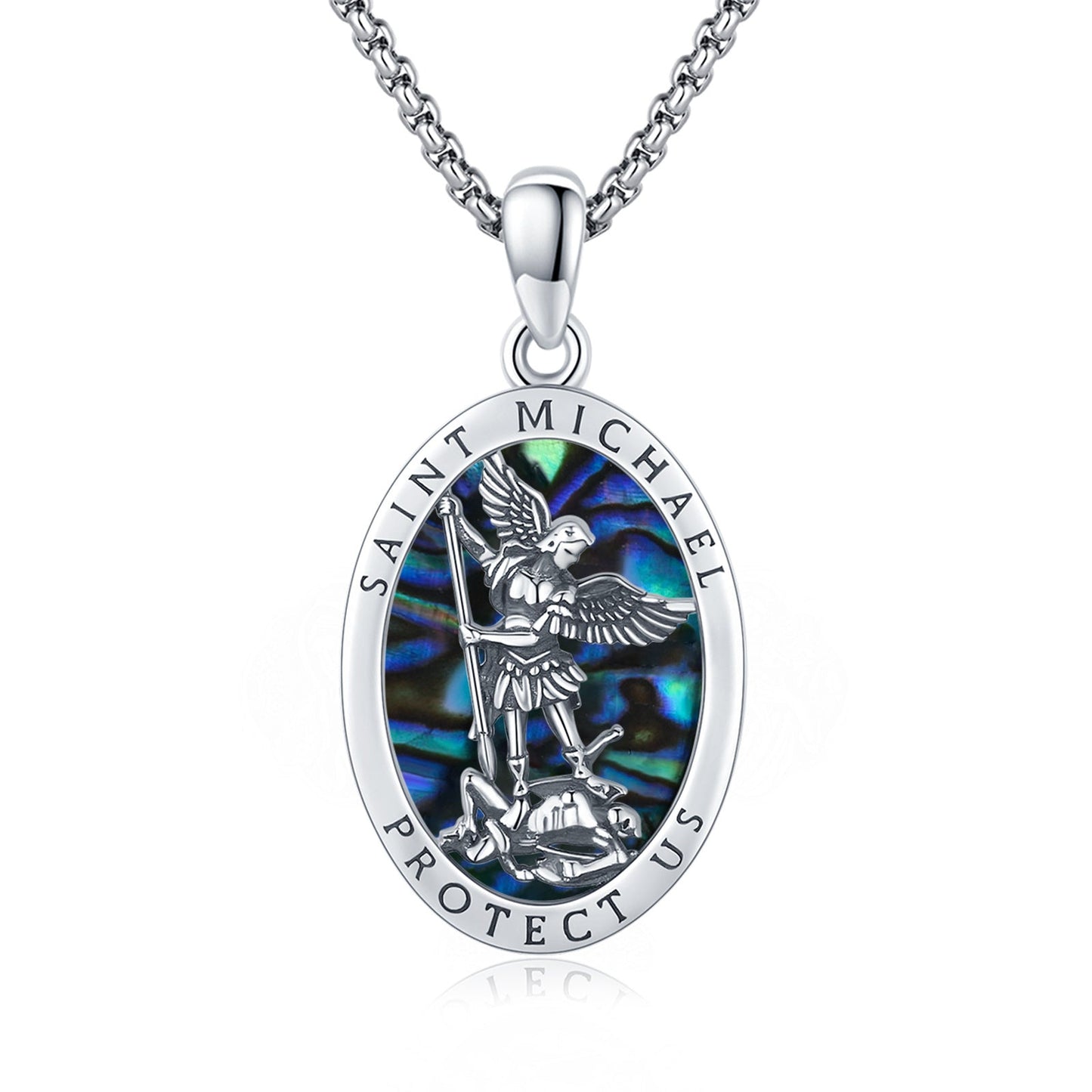 Abalone Shell Saint Michael Pendant Necklace in 925 Sterling Silver LadyShow.Store
