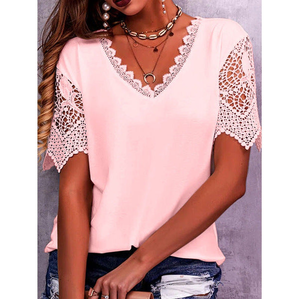 Lace Paneled Loose V-Neck Short Sleeves For Women NorixaFashion.com