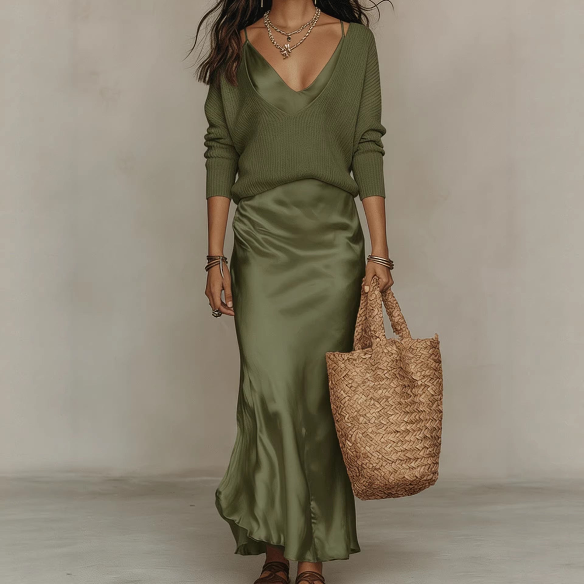 Womens Solid-Color V-Neck Knitted Sweater And Satin Dress Set NorixaFashion.com