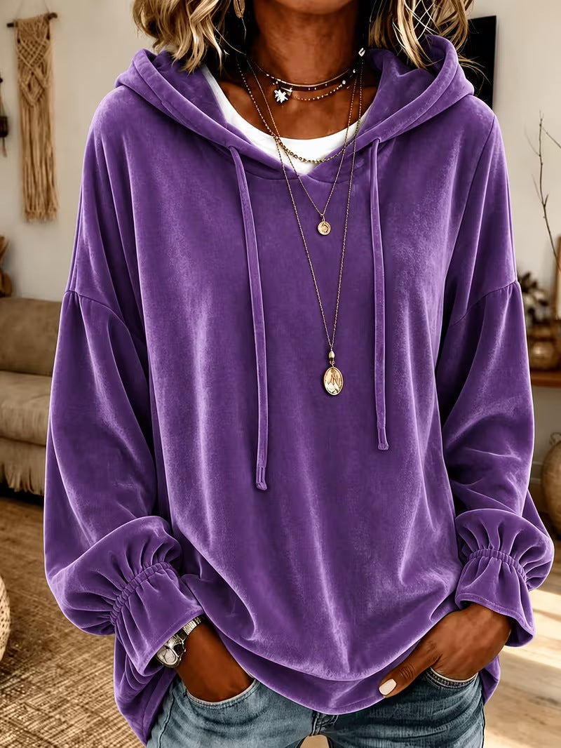 Annuo 2026 European American Women Fall Winter Loose Drawstring Velvet Hooded Sweatshirt NorixaFashion.com