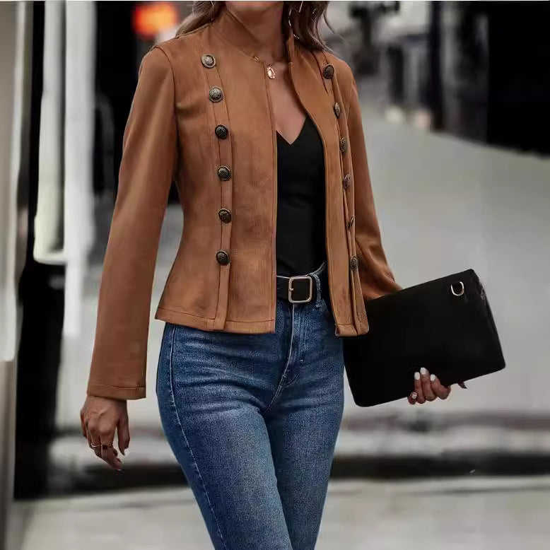 Women's Solid Color Double-breasted Decorative Deerskin Velvet Retro Long-sleeved Jacket LuxuryLifeWay Online Store