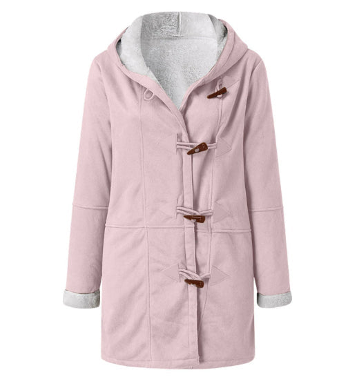 Winter Vintage Button Jackets Women's Warm Fleece Hooded Coat Casual Mid-Length Trench Top Outwear Clothing NorixaFashion.com