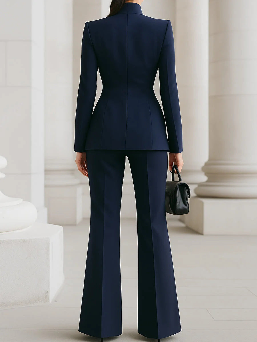 2026 European And American Women's Fashion Independent Long-Sleeve Solid Color Pocket Single-Button Blazer And  Long Suit Pants Two-Piece Set NorixaFashion.com