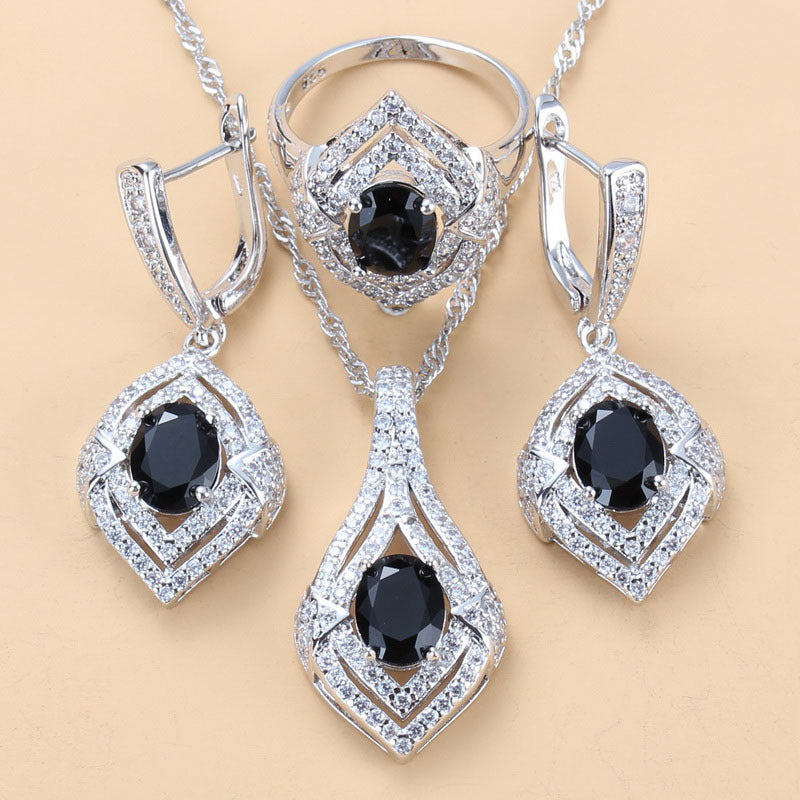 Gem-inlaid Pendant Earrings Necklace Ring Ladies Three-piece Set LadyShow.Store