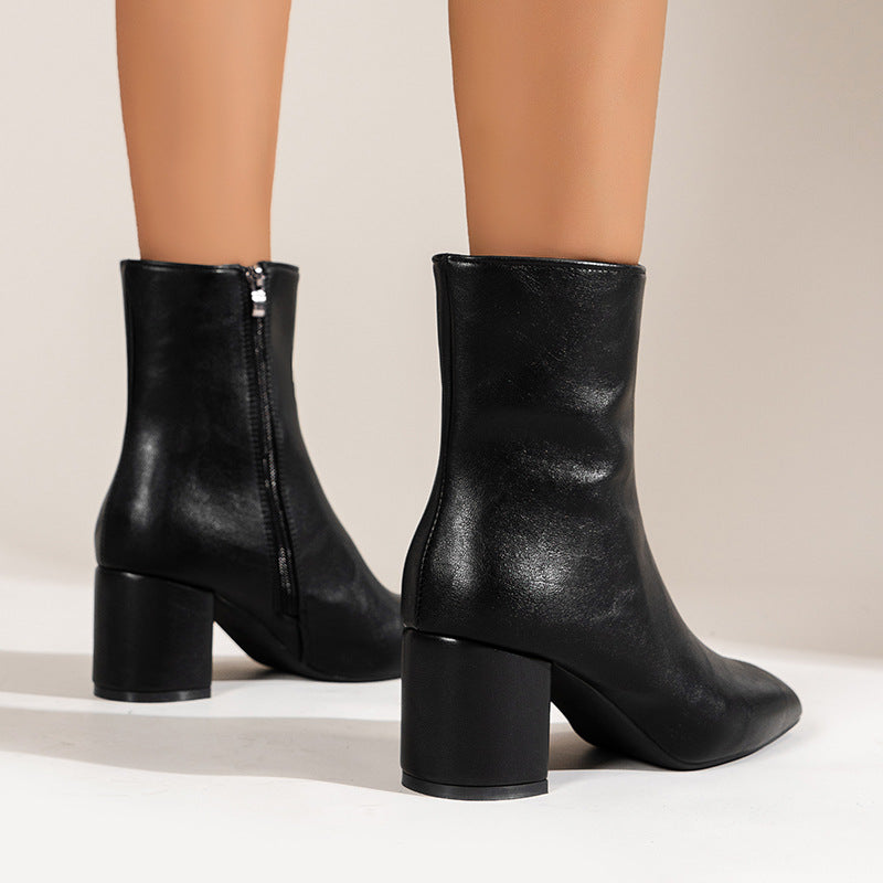 Chunky Heel Pointed Toe Boots With Side Zipper Fashion Mid-calf Boot For Women Shoes LadyShow.Store