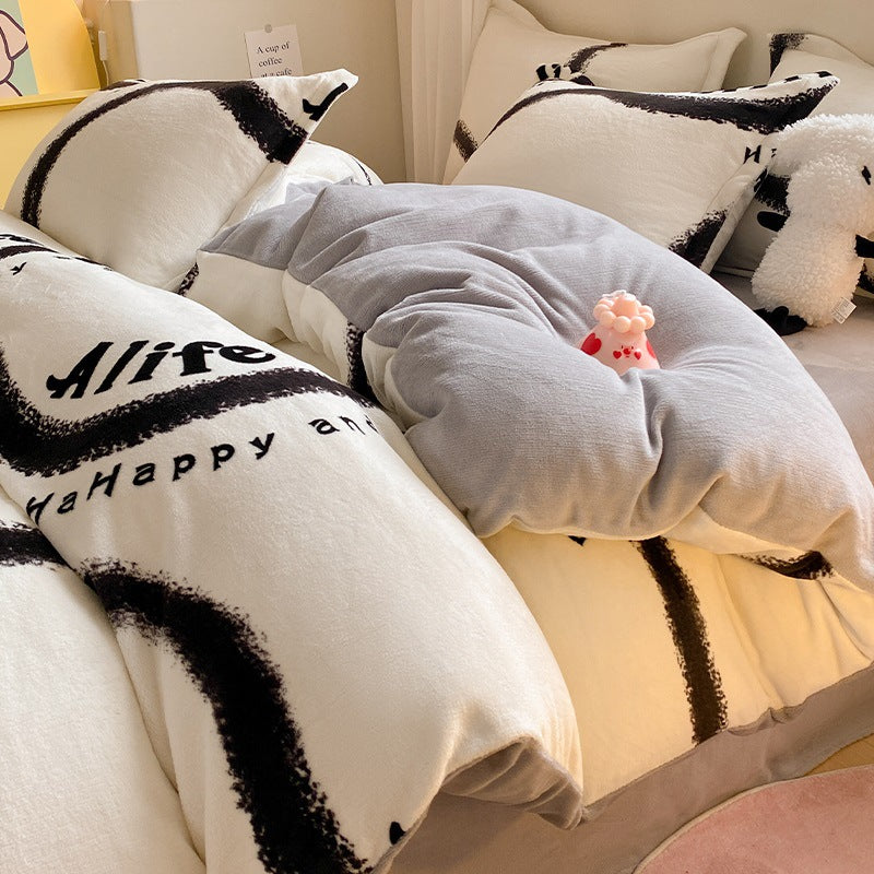 Winter Thickening Milk Fiber Bed Four-piece Coral Velvet Quilt Cover Flange Double-sided Bed Sheet Three-piece Bedding CJD2