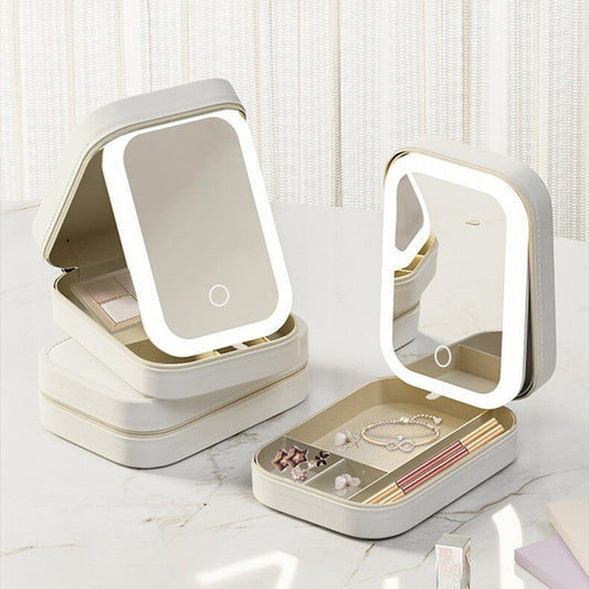 Makeup Storage Box With LED Light Mirror Portable Travel Makeup Cosmetics Storage Box Touch Light Storage Organizer LadyShow.Store